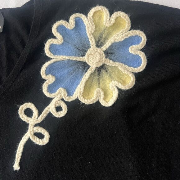 Aaeda Cap Sleeve Black V-Neck Knit Top Floral Aplique Boho Chic Soft Women’s XL - Picture 7 of 15